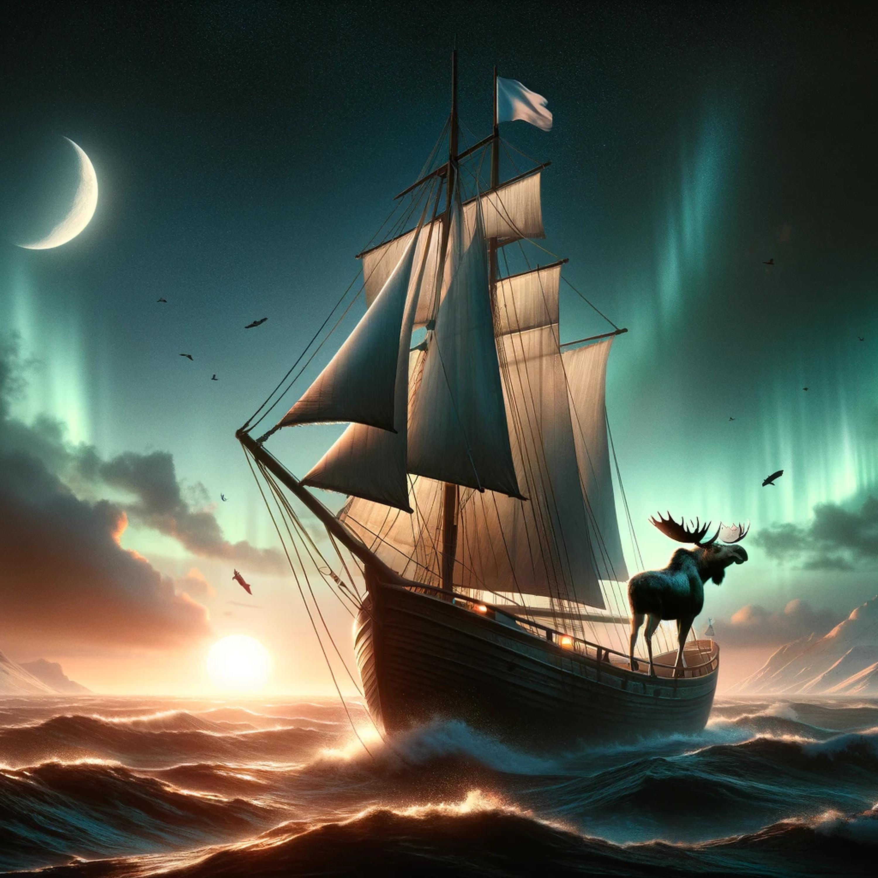 A moose on a boat sailing into the sunrise with the northern lights in the background